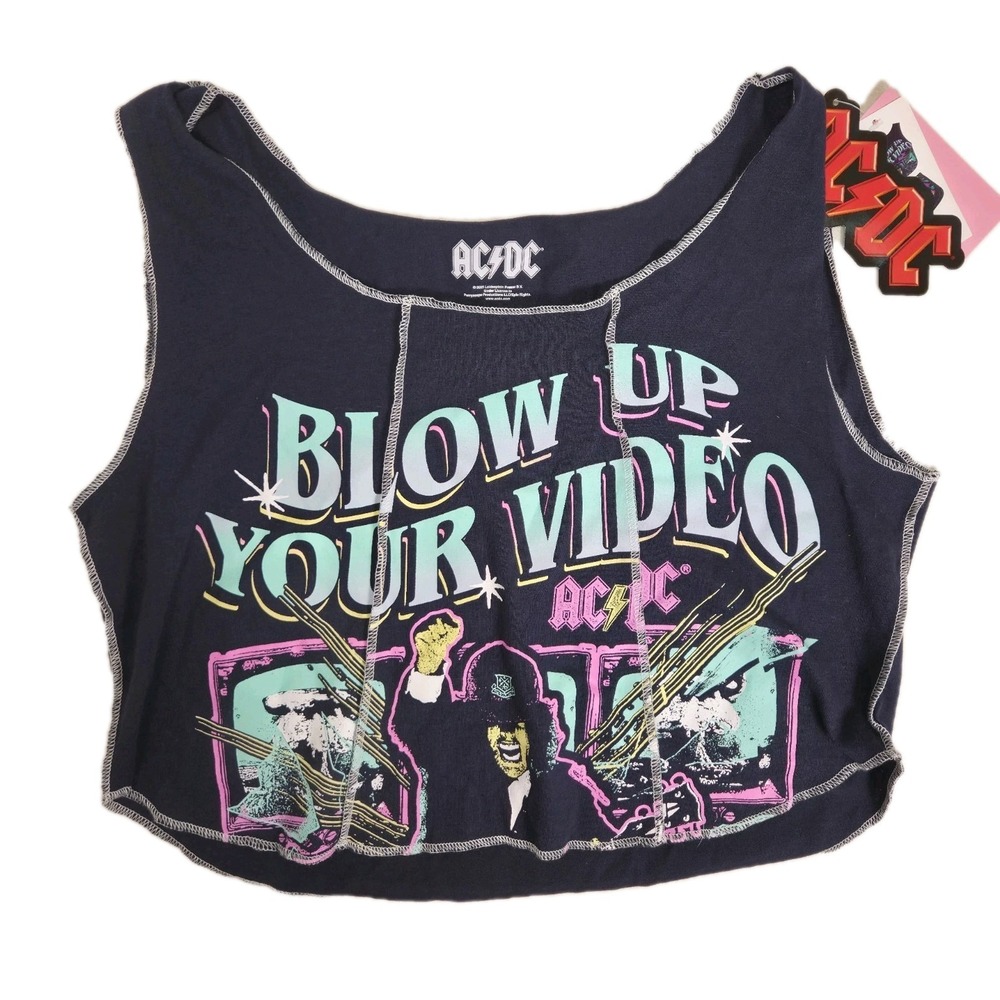 NWT AC/DC Women's Graphic Cropped Tank Top Size Large Black Blow Up Your Video